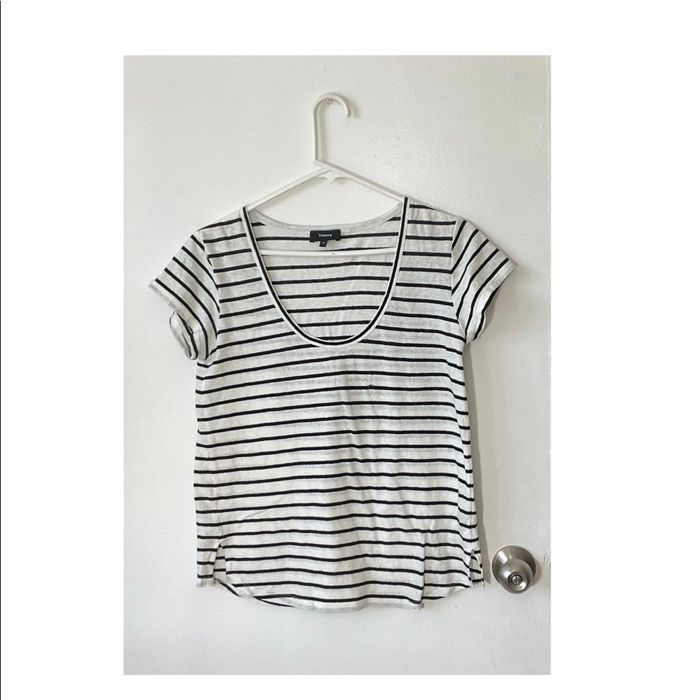 Theory womens tshirt white black stripe short sleeve linen top